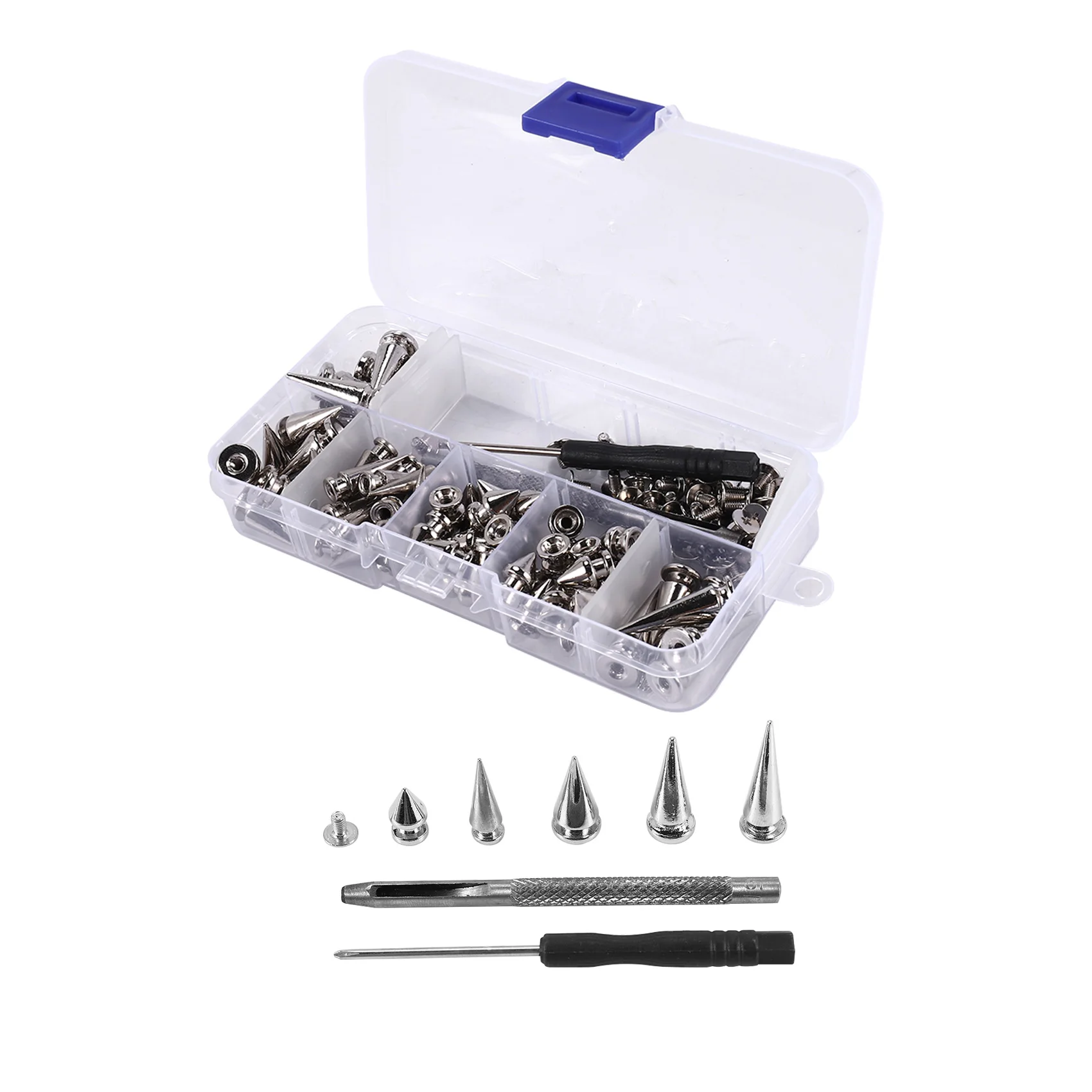 AC23-70 مجموعات الفضة شكل مختلط المسامير والأزرار مخروط تمساح المسامير الجلدية برشام عدة للملابس أحذية أحزمة DIY بها بنفسك #3