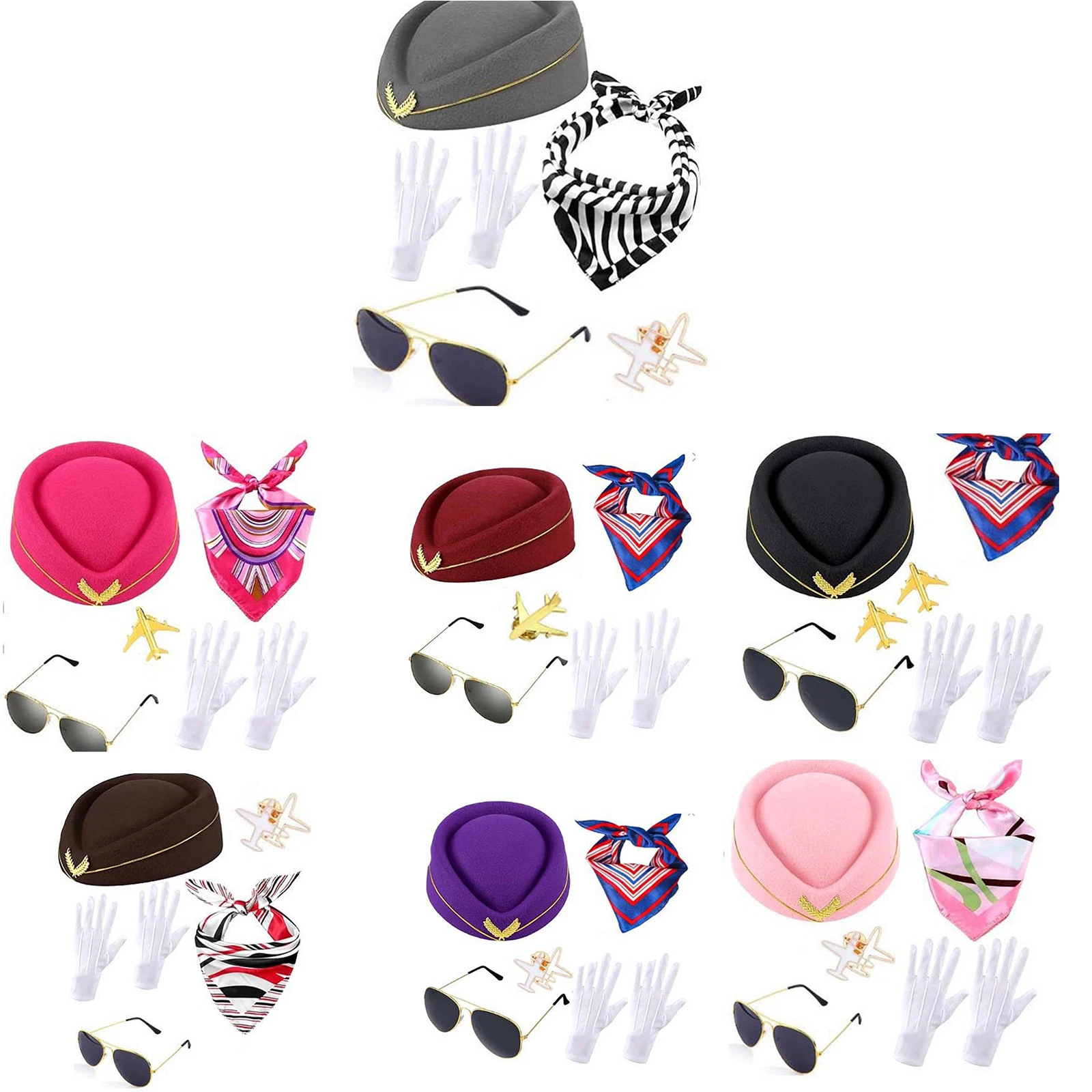 

Flight Attendant Costume Set Stewardess Hat Fedoras And Scarf Sunglasses Gloves Brooch for Masquerade Dress Up Party