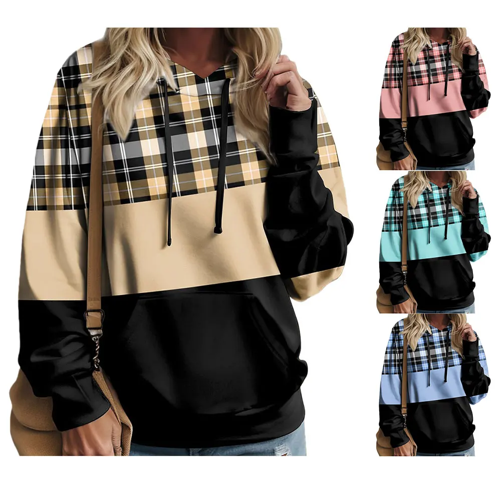 Women's Sweater Hoodies Sweatshirts Retro Trendy Checkered Color Blocked Street Long Sleeve Pullovers Autumn Woman Clothes