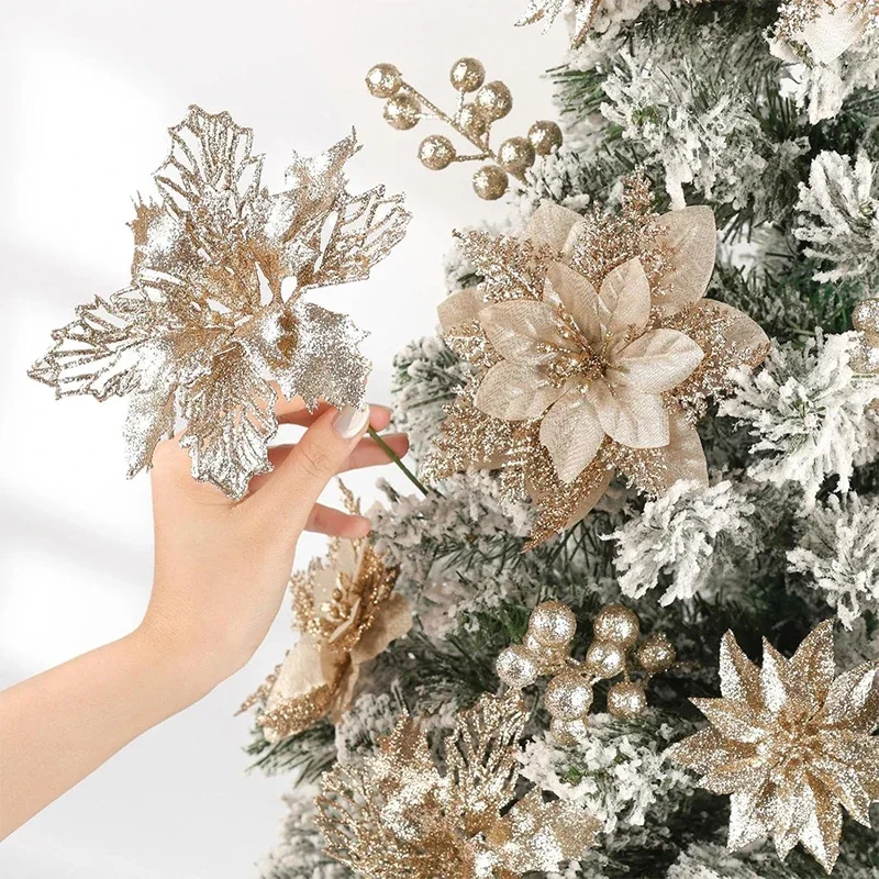 22Pcs Glitter Artificial Poinsettia Flowers Fake Berry Bouquet Christmas Tree Hanging Ornament Home Navidad New Year Party Decor