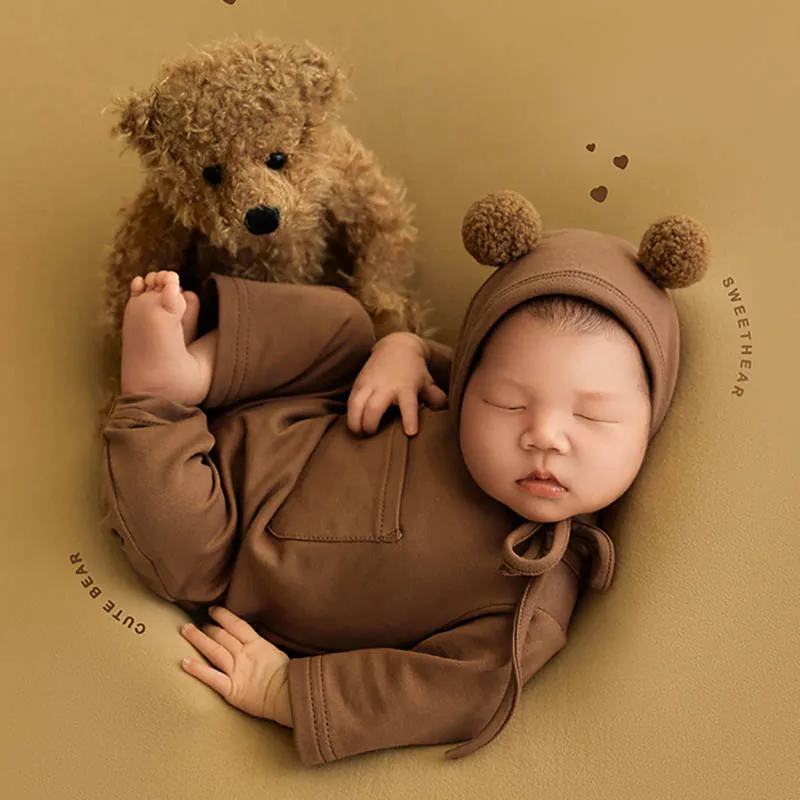 Cute Bear Doll Props Newborn Photography Bear Hat + Clothing Set Baby Posing Background Prop Studio Photo Shooting Accessories