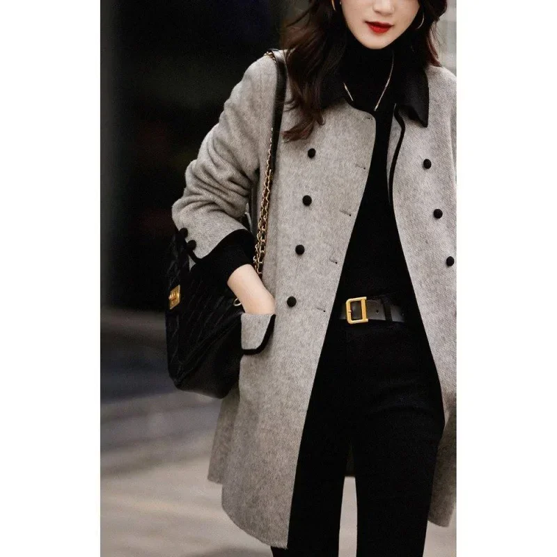 2025 Blends Coat Autumn Women Fall Winter Wool Jacket Vintage Long Outwear Korean Horn Button Elegant Mujer Thick Windbreaker