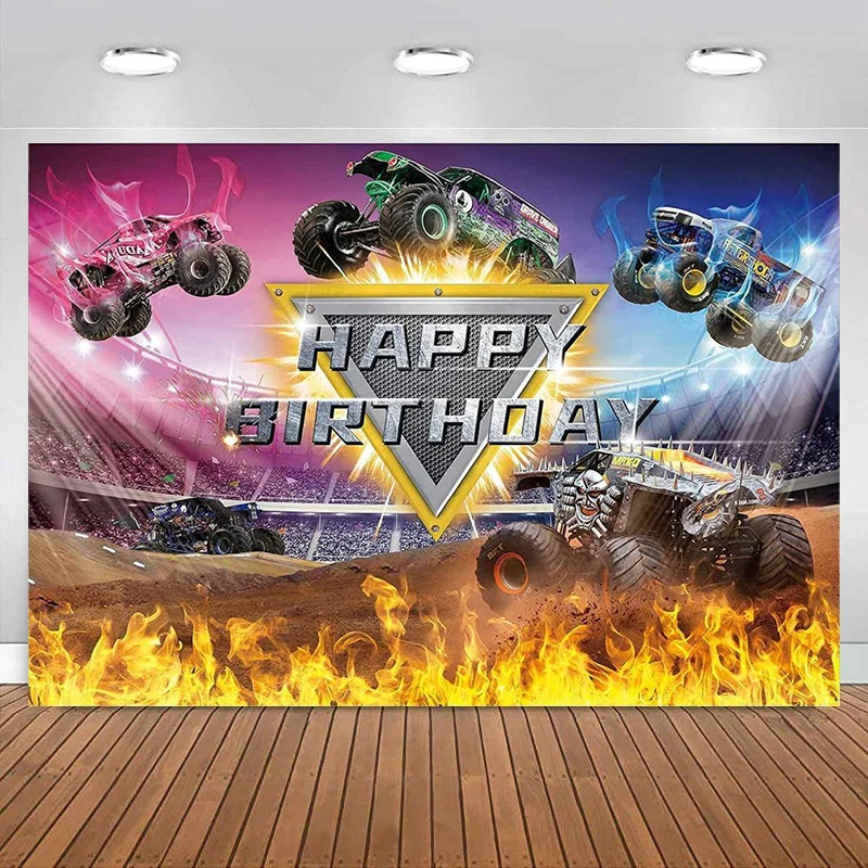 

Monster Car Truck Birthday Party Photography Backdrop Racing Cars Arena Burning Flame Background for Baby Boy Decorations Banner