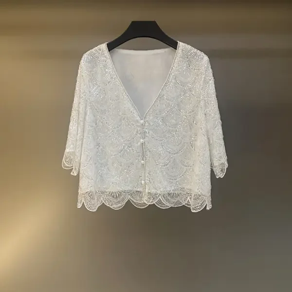 

White Lovers Summer Fashion Heavy Embellished Sequin Trendy Style Short Sleeve Open Cardigan Luxury Light Weight Knitted Sweater
