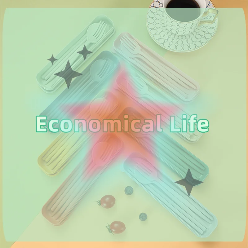 4Pcs/Set Portable Utensils With Box Healthy Eco-Friendly Wheat Straw Cutlery Reusable Chopstick Fork Knife Spoon Tableware Set