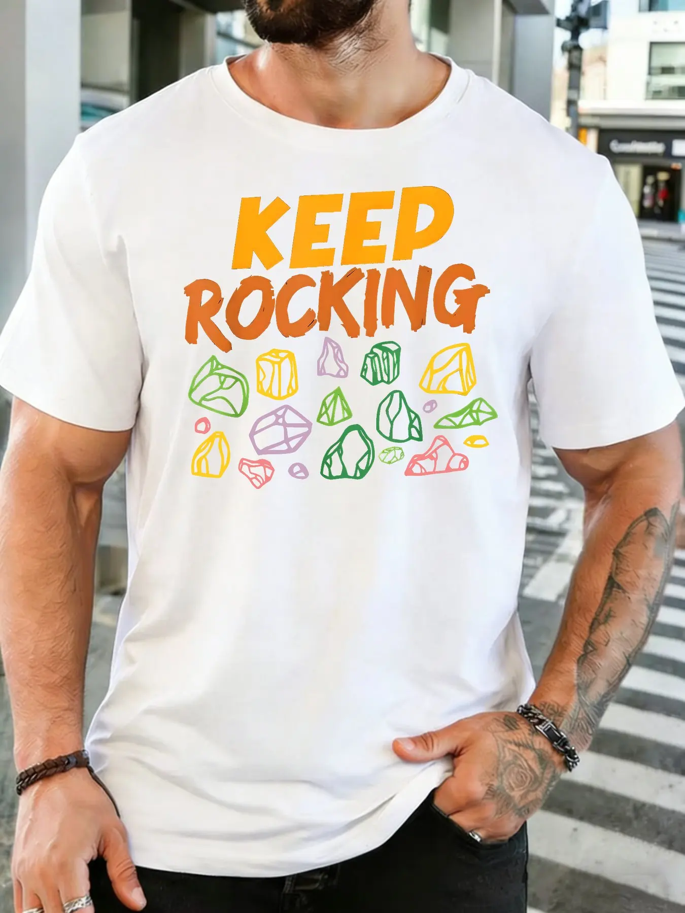 Men Crew Neck Cotton T Shirt Keep Rocking Color Crystal Stone Print Geology Lover Casual Daily Short Sleeve Tee For Male