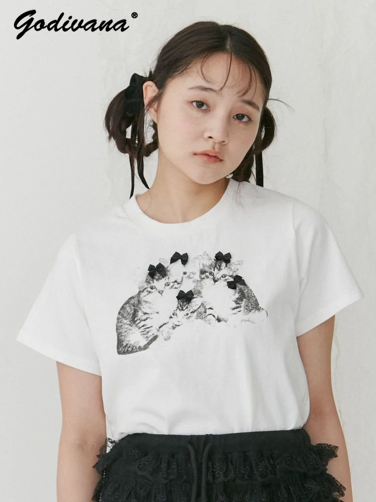 

Japanese Style New Summer Cat Printing Three-Dimensional Bow Round Neck Cotton Short-Sleeved T-shirt Casual Women's Tee Top