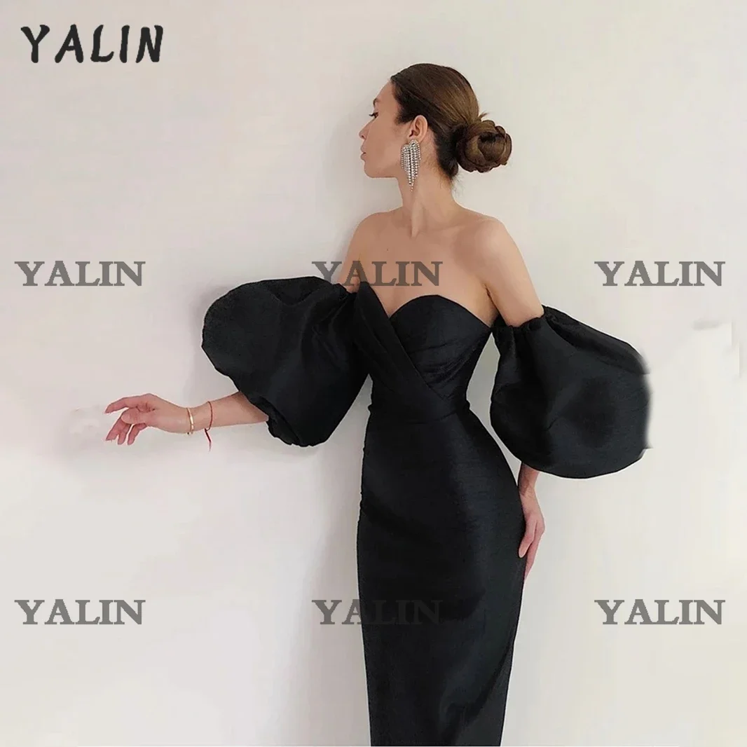 

YALIN Formal Short Puff Sleeves Cocktail Party Dress Sweetheart Midi Sheath Prom Dresses Off Shoulder Backless Celebrity Gown