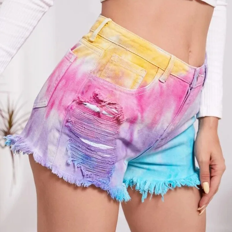 Denim Shorts Women Sexy Jeans Summer Rainbow Color Hollow Out Tassel Fashion Pants Bandhnu Plangi Tie-Dyed Rendering