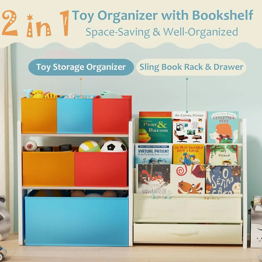 Sturdy 3-Tier Wooden Toy & Book Storage with 6 Expandable Bins for Kids