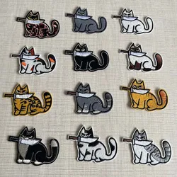4.4*6.3CM Cute Cat Series Bite Knife Emblem Embroidery Applique Heat Transfer Stickers,Designer Iron On Patches For Clothes
