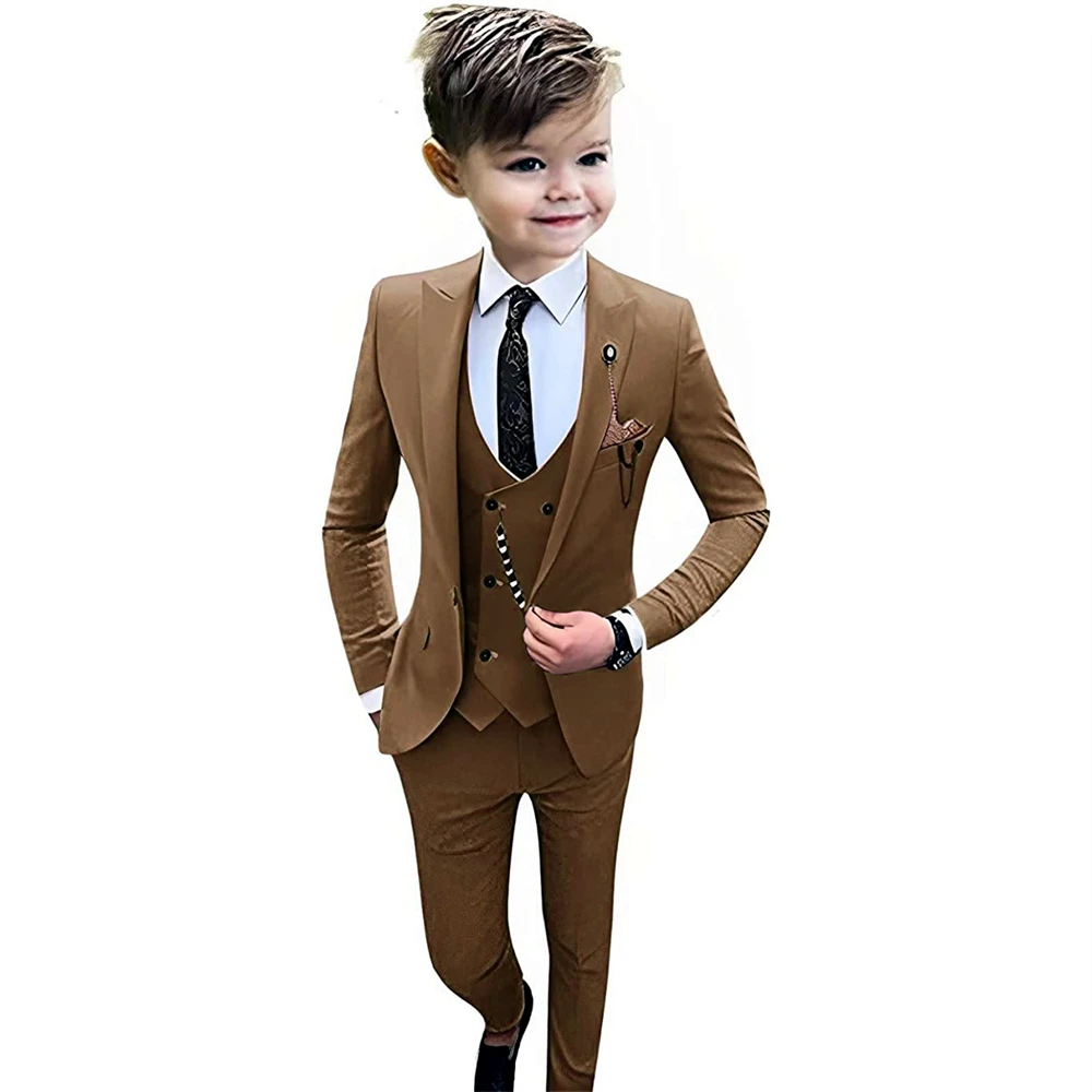 Solid Boy Wedding Suit Kid's Single Breasted Suits Blazer Vest Pants Peak Lapel Elegant Outfit Tuxedo Set 2 to 18 Years Old