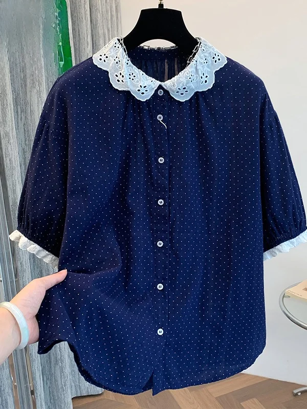 

Heavyweight Cotton Shirt Women's Spring Summer Large Size Polka Dot Lace Collar Seven-Quarter Sleeve Versatile Commute Style