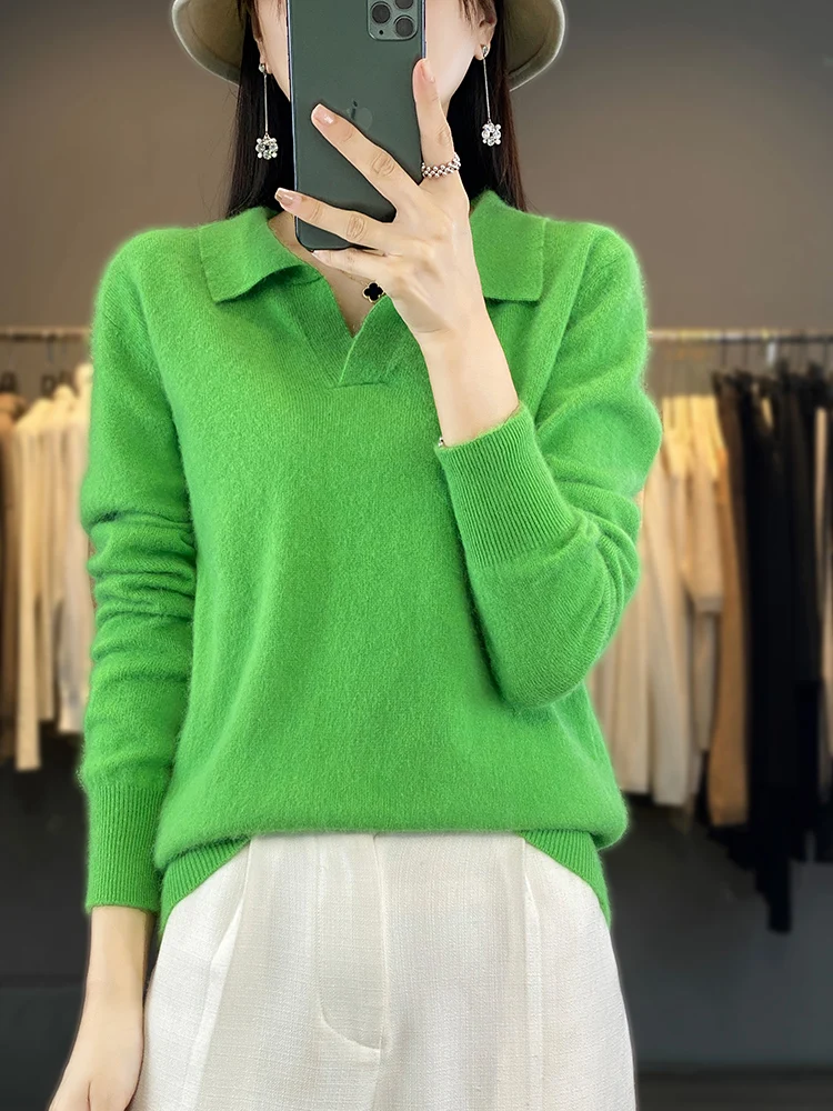 Winter Spring 100% Mink Cashmere Women Jumper Polo-Collar Fashion Knit Solid Color Sweater Long Sleeve Large Size Base Warm Tops