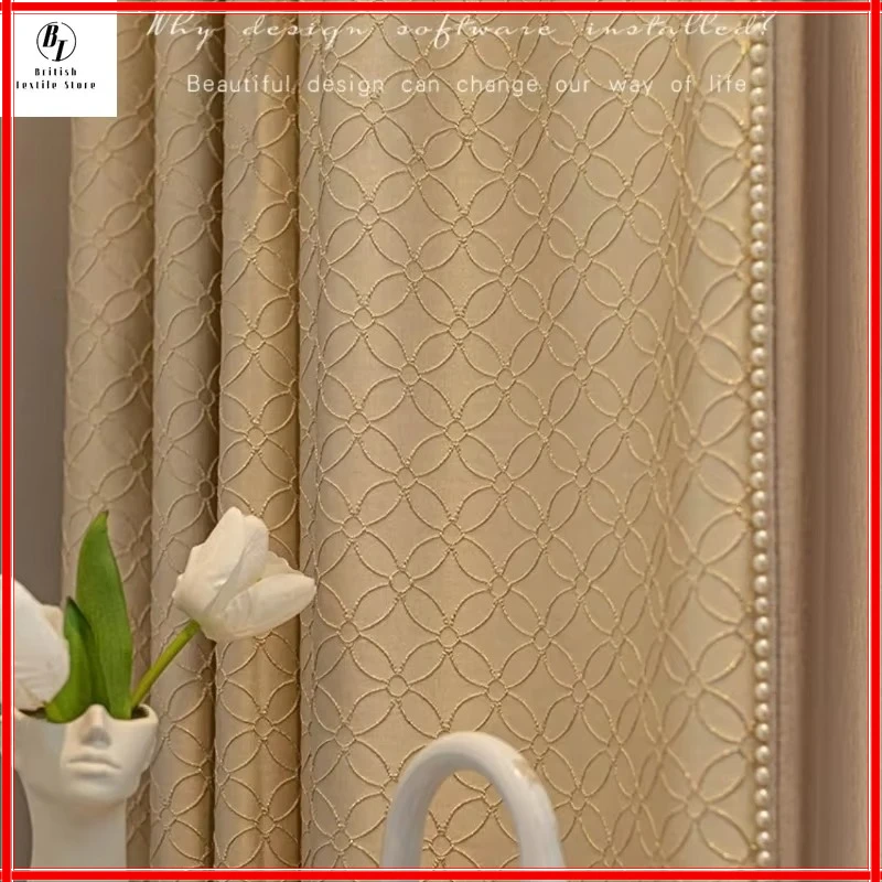 

Luxury French Cream Soft Curtain for Living Room Texture High Precision Bedroom Glitter Line Window Tulle Custom