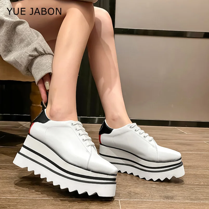 

New Women Shoes Real Leather Lace-up Heel Height 8CM Platform Shoes Woman Autumn Wedges Height Increasing Shoes Woman Sneakers