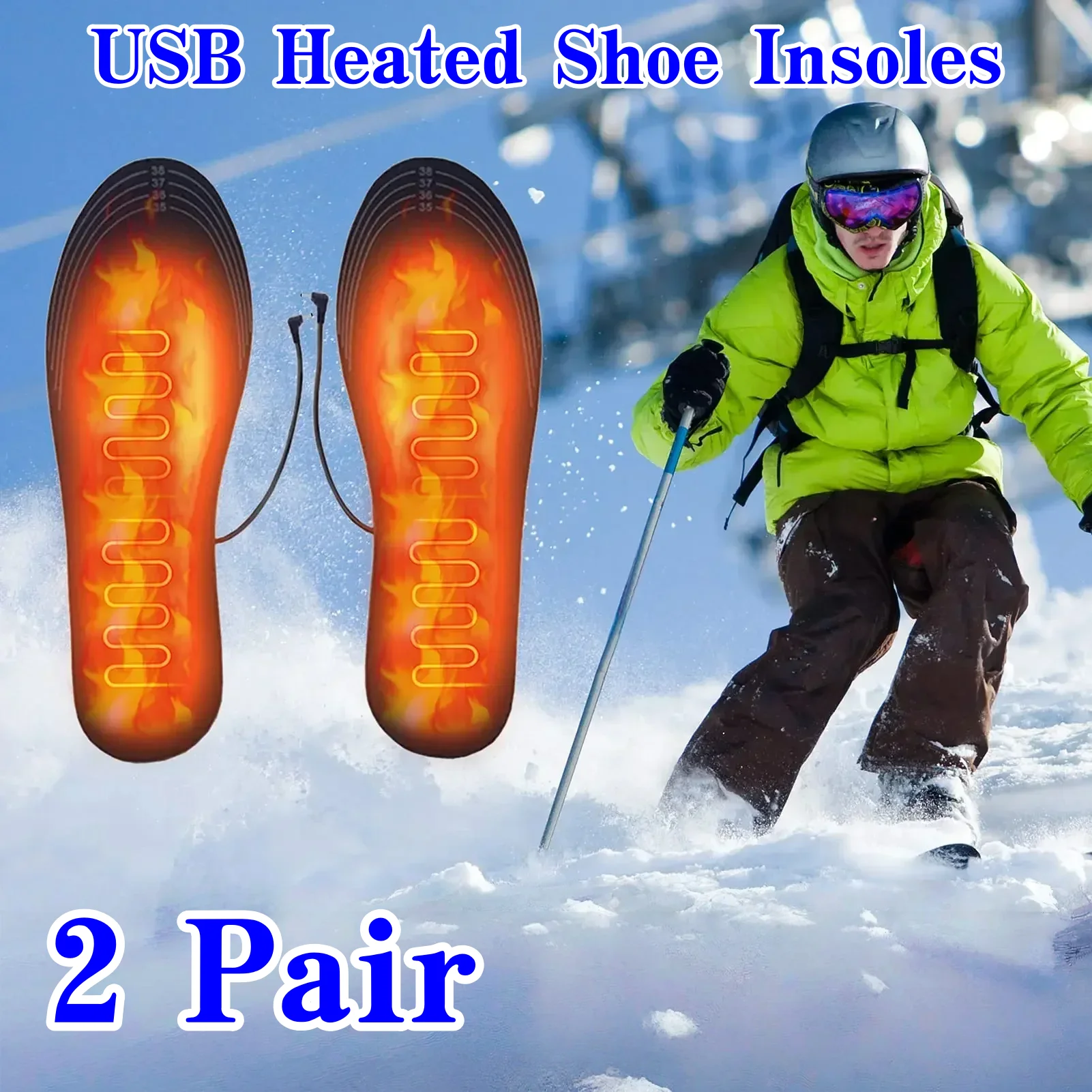 Plantillas de zapatos calentadas por USB eléctricas, almohadilla calefactora para pies, calcetín más cálido, estera, plantilla calefactora para deportes al aire libre de invierno, 2/1 par