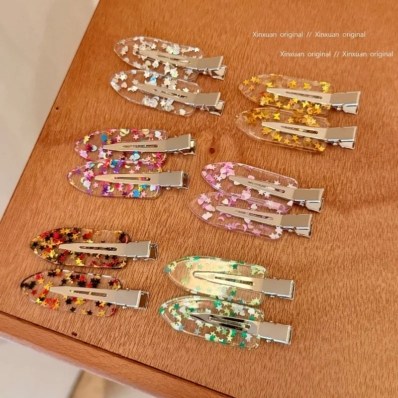 

2pcs/set Sweet Moon Star Sequin Hair Clips Korean Style Invisible Bangs Side Clips Women Cute Edge Hair Accessory for Daily Wear