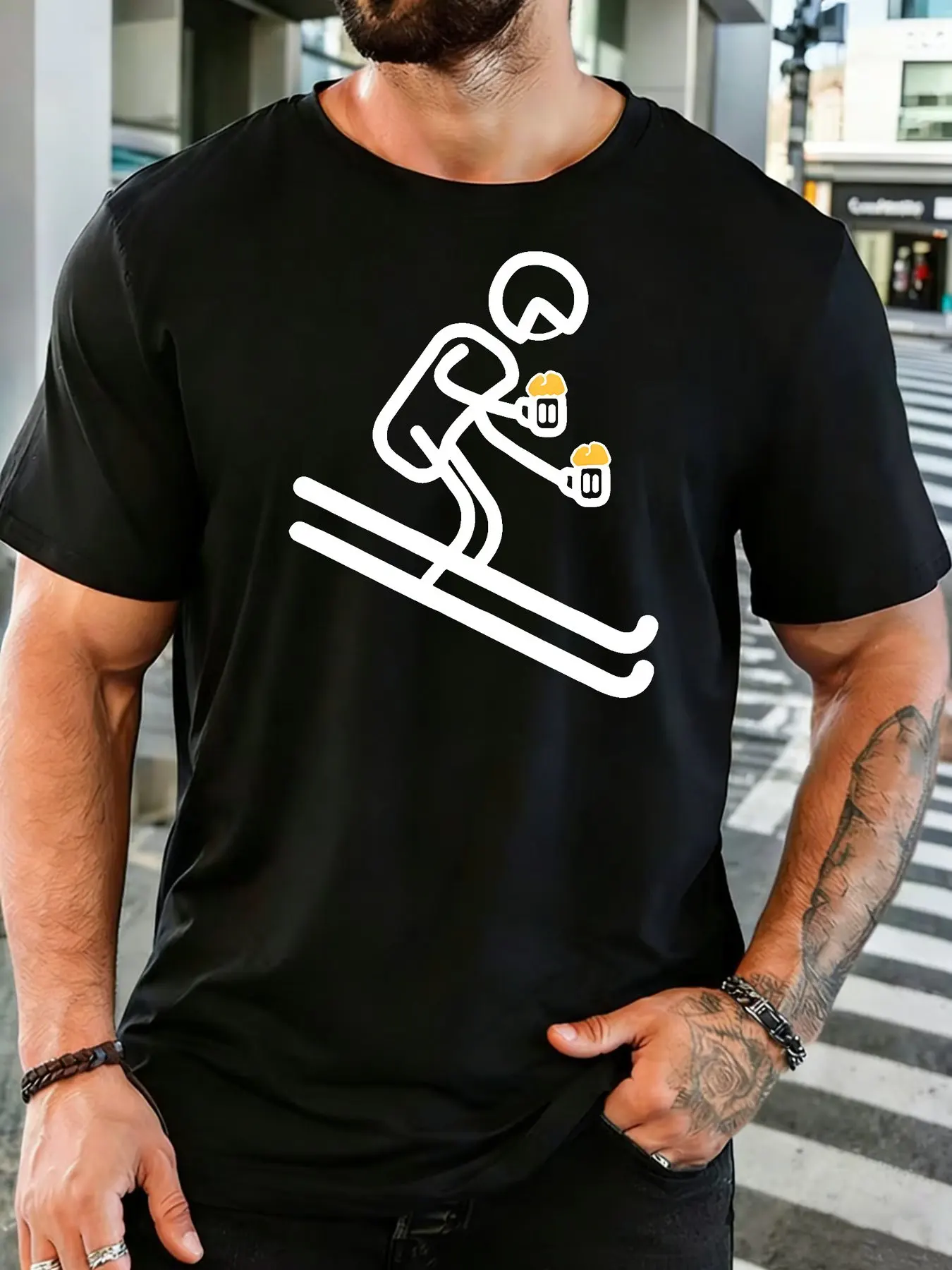 Men Soft Cotton Tee Stick Figure Skier Beer Mugs Graphic Short Sleeve Tshirt For Winter Sport Beer Fans Daily Casual Street Top