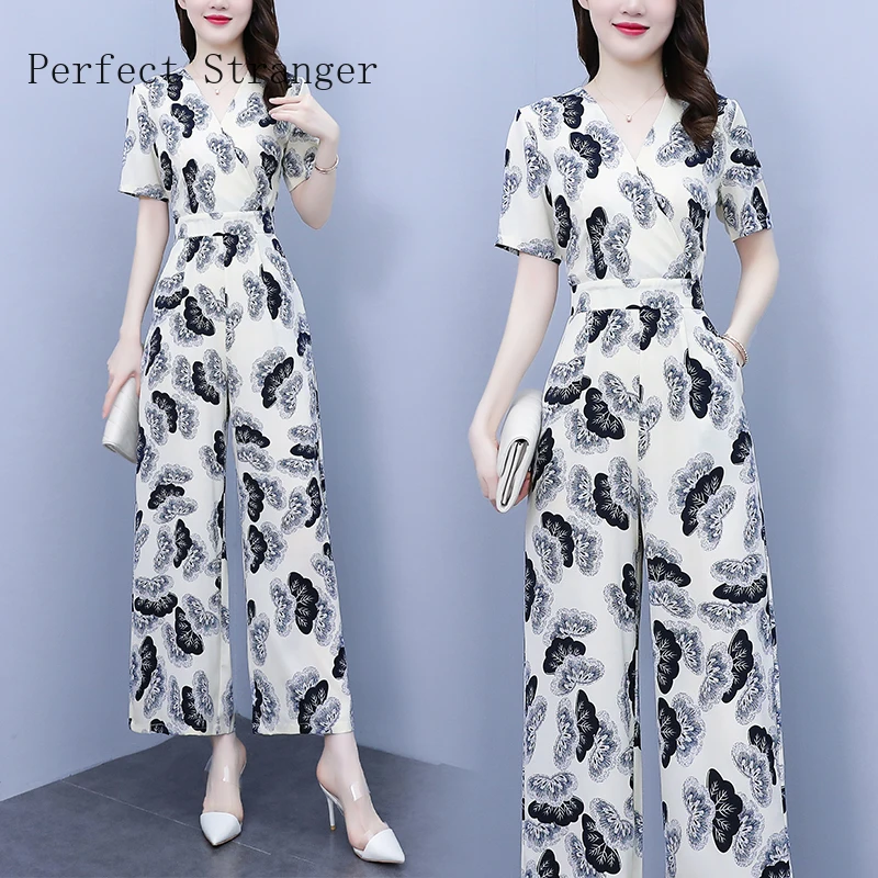 Hot Sale Women Elegant for Party 2022  Jumpsuit Short Sleeve High Waisted  Printed V Neck Long Rompers Office Overalls