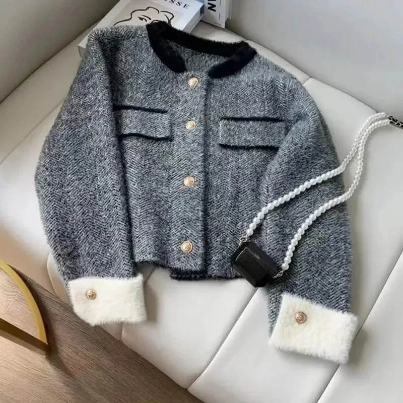 French Fragrance Coat Women Korean Plush Soft Round Neck Single Breasted Fashion Sweet Loose Winter Spliced Temperament Lady Top