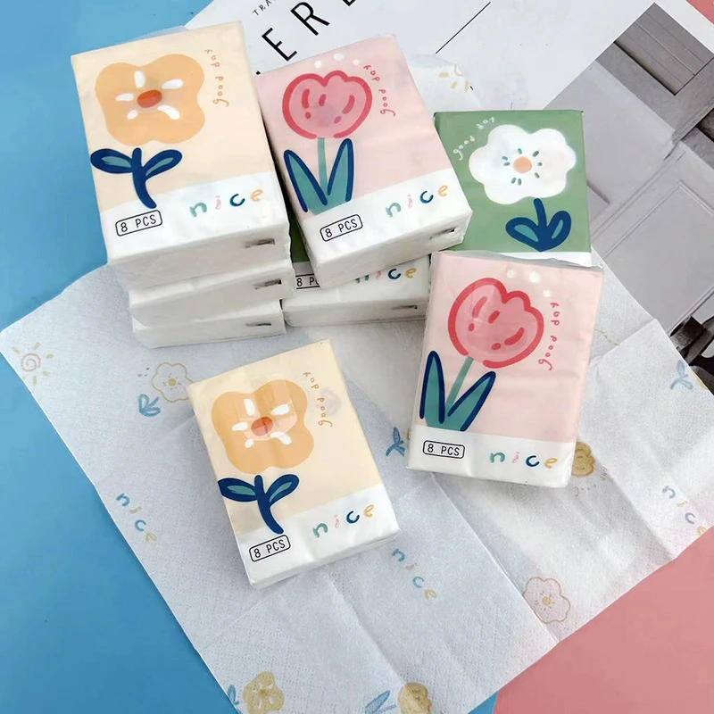 9 confezioni di fazzoletti di carta con fiori di cartone animato carino, piccoli tovaglioli portatili in pasta di legno vergine, asciugamani in tessuto per il viso