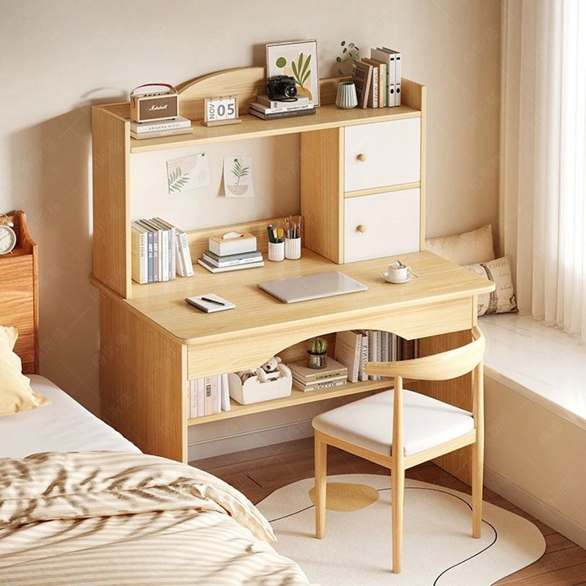 مكتب كمبيوتر خشبي، باب خزانة مزدوج مع رف تخزين، طاولة دراسة بتصميم بسيط، ديكور منزلي لغرفة النوم وغرفة الكتب #3