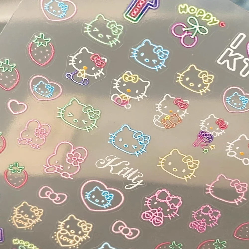 1 hoja de pegatinas fluorescentes 5D para uñas Hellokitty, corazón de dibujos animados japoneses en relieve, Hello Kitty para bolígrafo/soporte, pegatina decorativa para taza