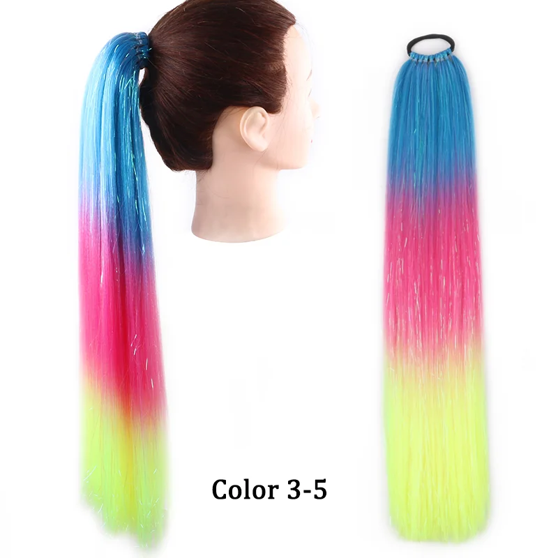 

5pcs/lot 26inch Long Straight Synthetic Pontail Mix Tinsel Glitter Braiding Hair Extension Blue Pink Yellow