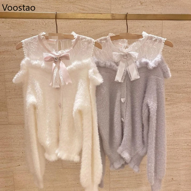 Sweet Lolita Autumn Winter Knitted Pullover Japanese Kawaii Lace Bow Off Shoulder Sweaters Girls Elegant Long Sleeve Knitwear