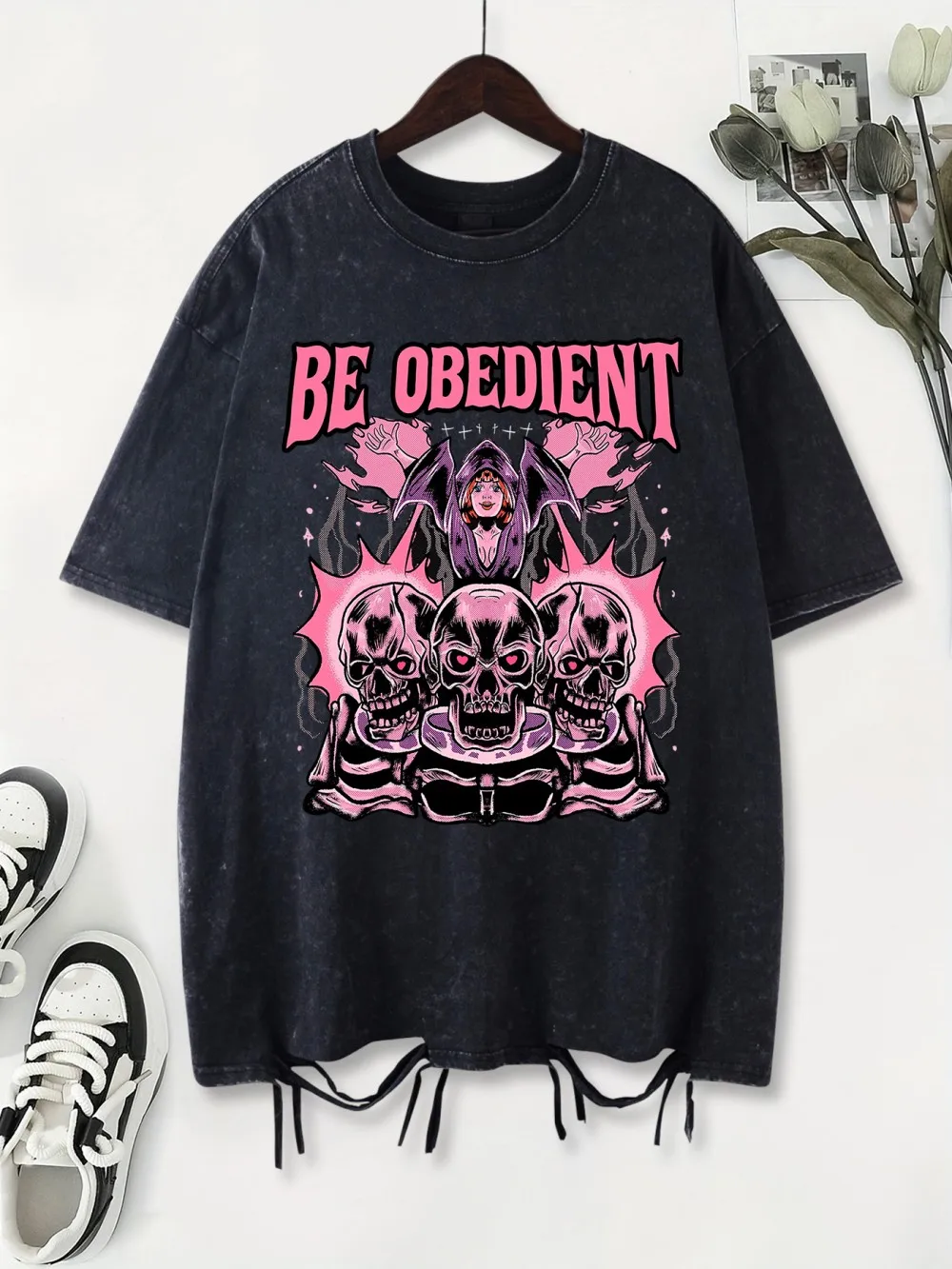 

Be Obedient Printing Washed T-Shirts Womens Cotton T Shirts Crewneck Oversized Acid Wash Tops Summer Casual Womans Streetwear
