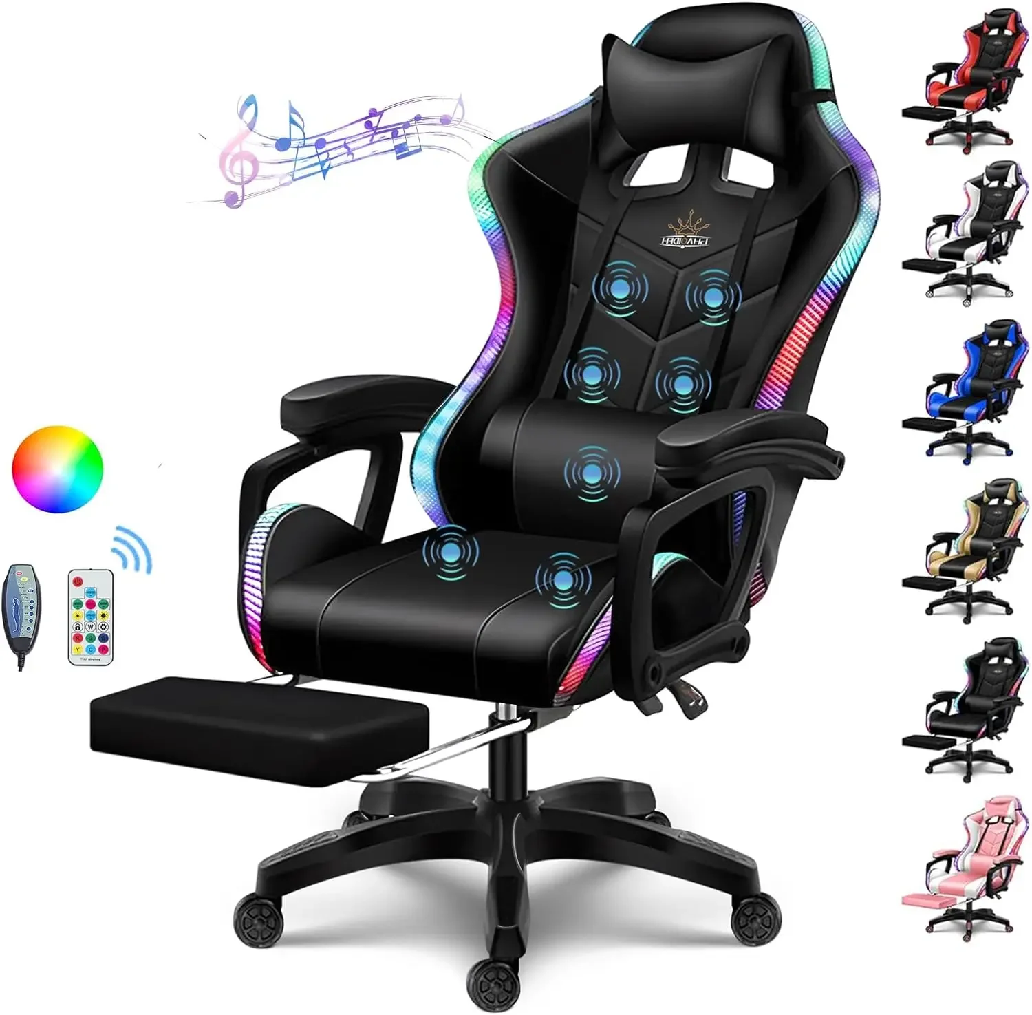 Gaming Chair with Speakers and RGB LED Light, 7 Points Massage Video Game Chair Adjustable with Headrest & Lumbar Support