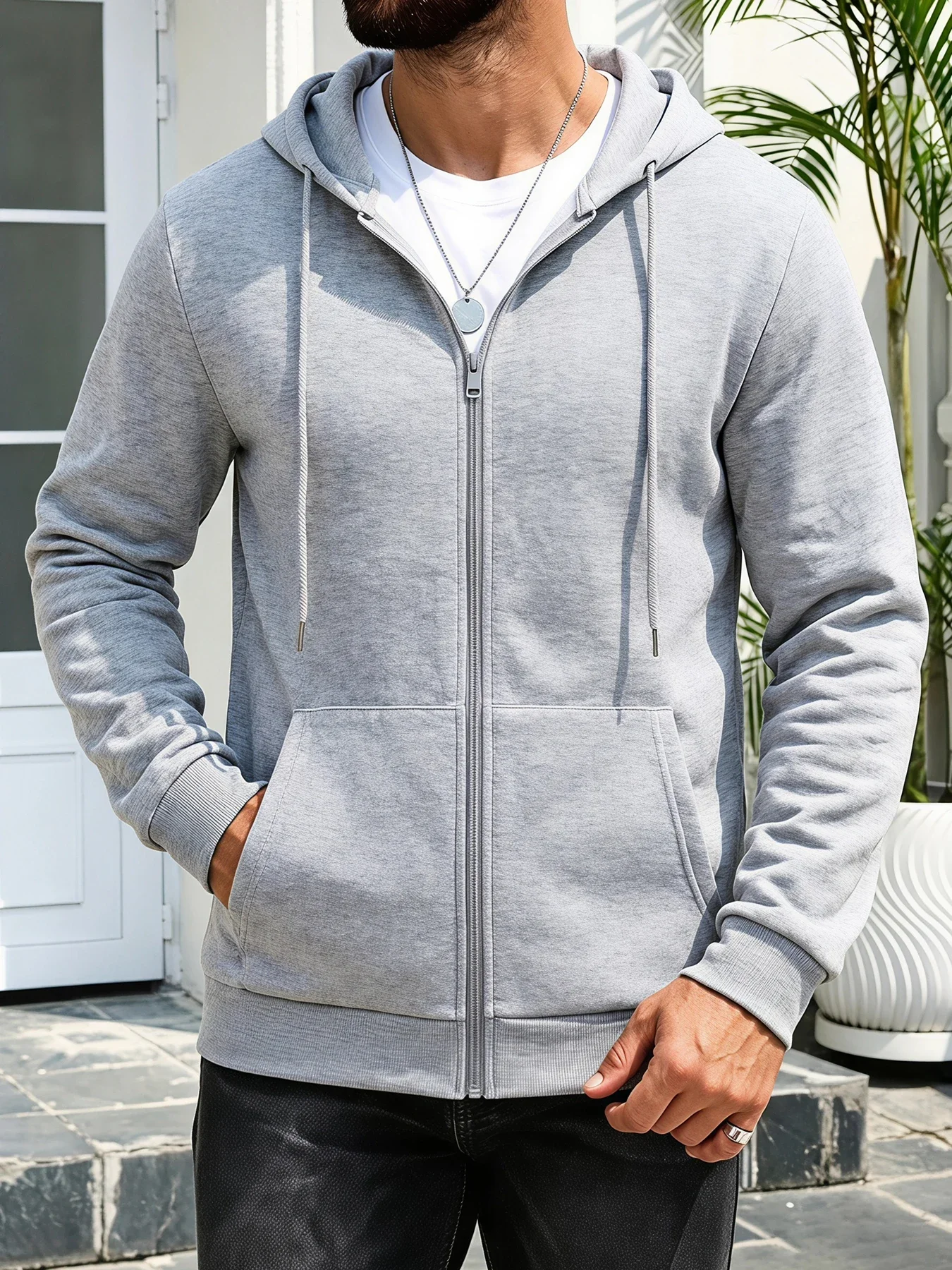 Men Warm Fleece Lined Zip Up Hoodie Drawstring Hood Long Sleeve Sweatshirt Windproof Casual Layering Outer Coat