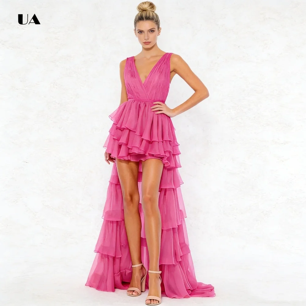 

Fashionable High-low Prom Dress with V-neck Trendy Tiered Ruffle Evening Dresses for Women Classic Chiffon Customized Party Gown