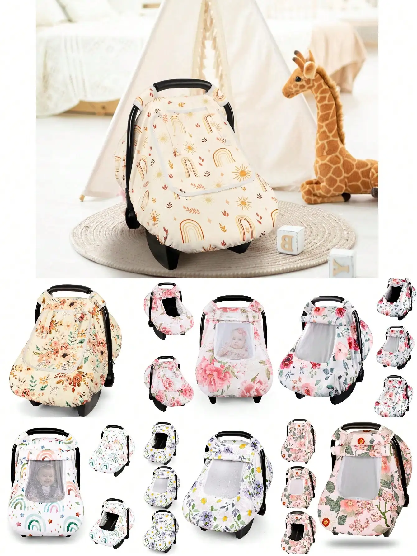 

Universal Baby Car Seat Cover with Breathable Mesh Window, Floral & Rainbow Print, Kick-Proof Design