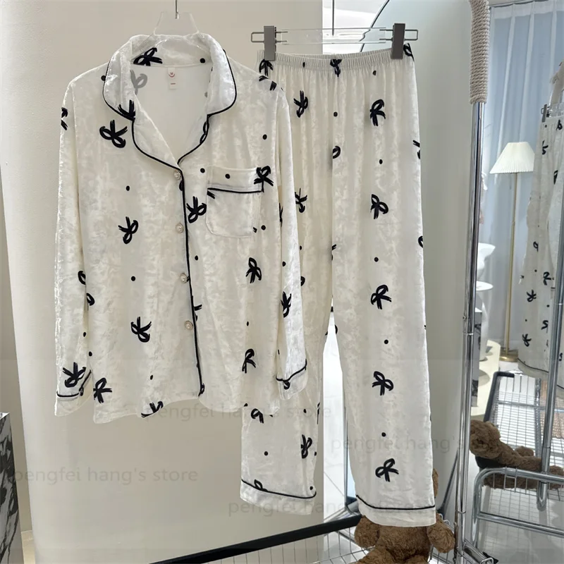 

Warm Winter Sleepwear Women Pajamas Suit 2Pcs Velour Nightwear Bow Print Pijamas De Mujer Long Sleeve Elastic Waist Pijama Mujer