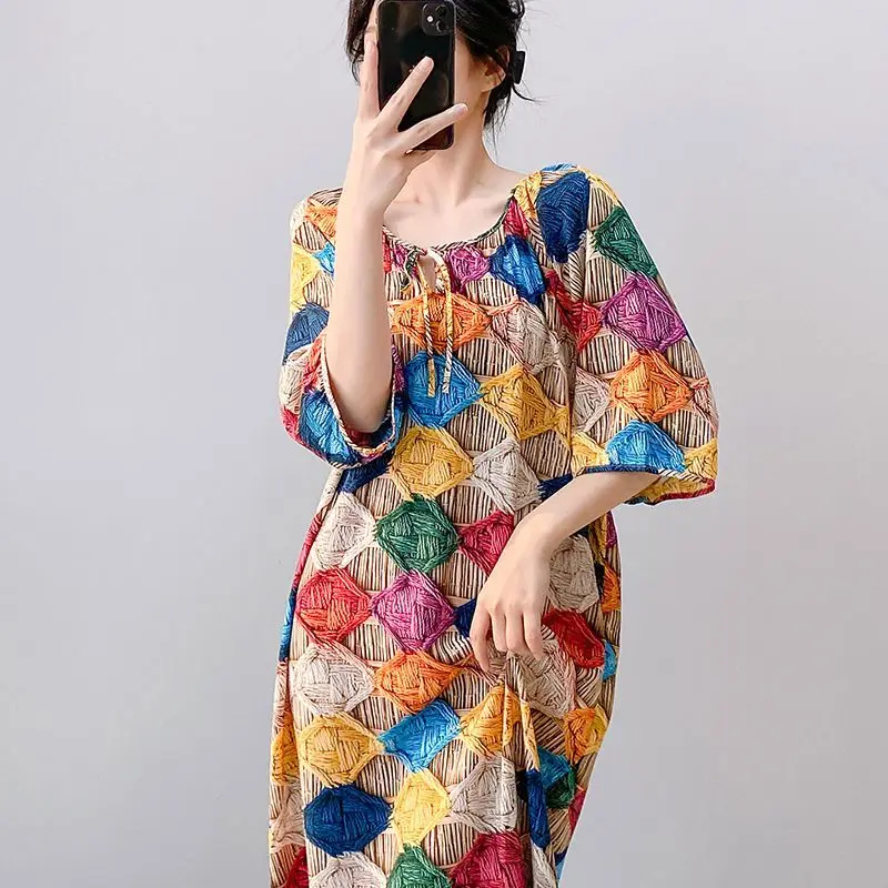Short-Sleeve Cotton-Silk Nightgown Womens Summer Long Dress Plus Size Outerwear Maternity Dress Cotton Pajamas Night Dress Women
