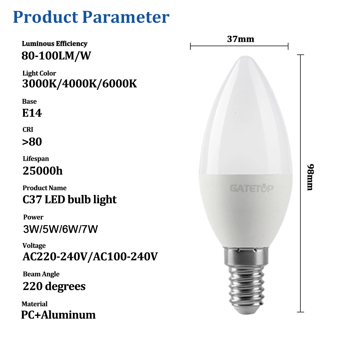 5-Pack E14 LED Light Bulb 3W 5W 6W 7W C37 AC 220V 110V 120V Eco-Friendly Mini Lamp Non-Flicker 3000K 4000K 6000K Bulb