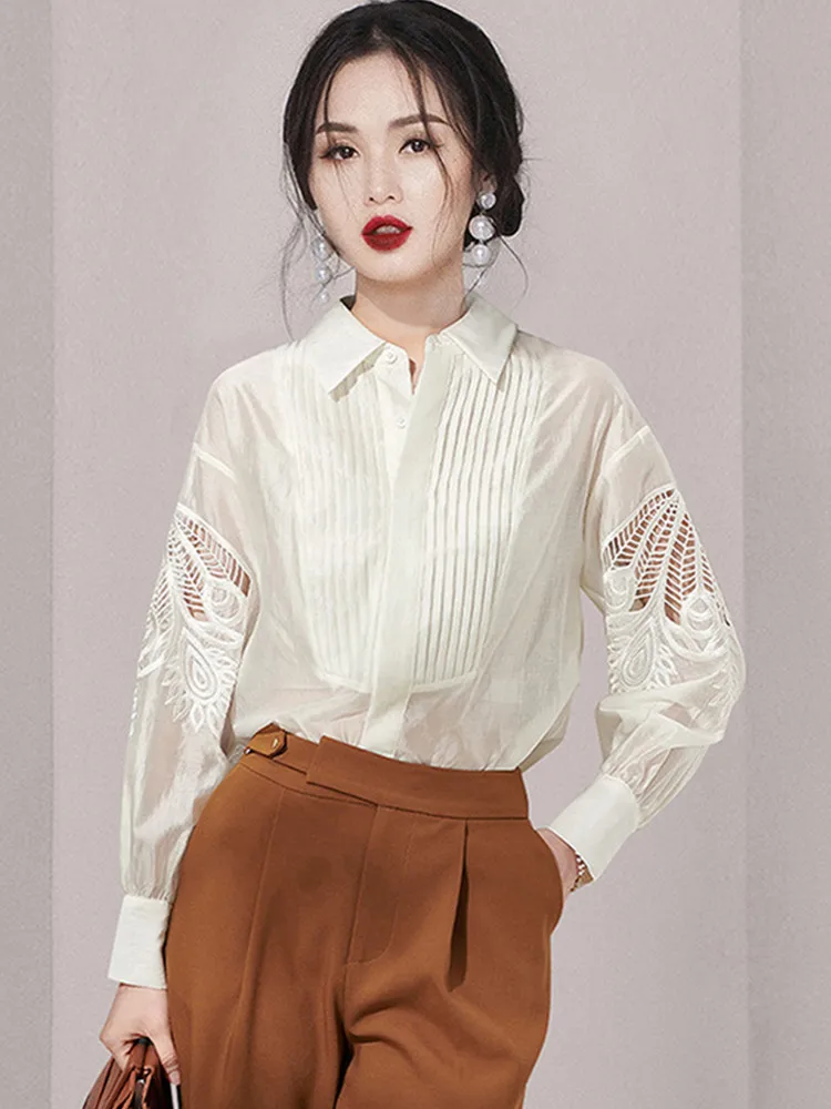 SMTHMA New Spring Blusas Basic Office Lady Blusas Vintage Lace Hollow Out Embroidery Elegant Blouse Women Casual Shirts