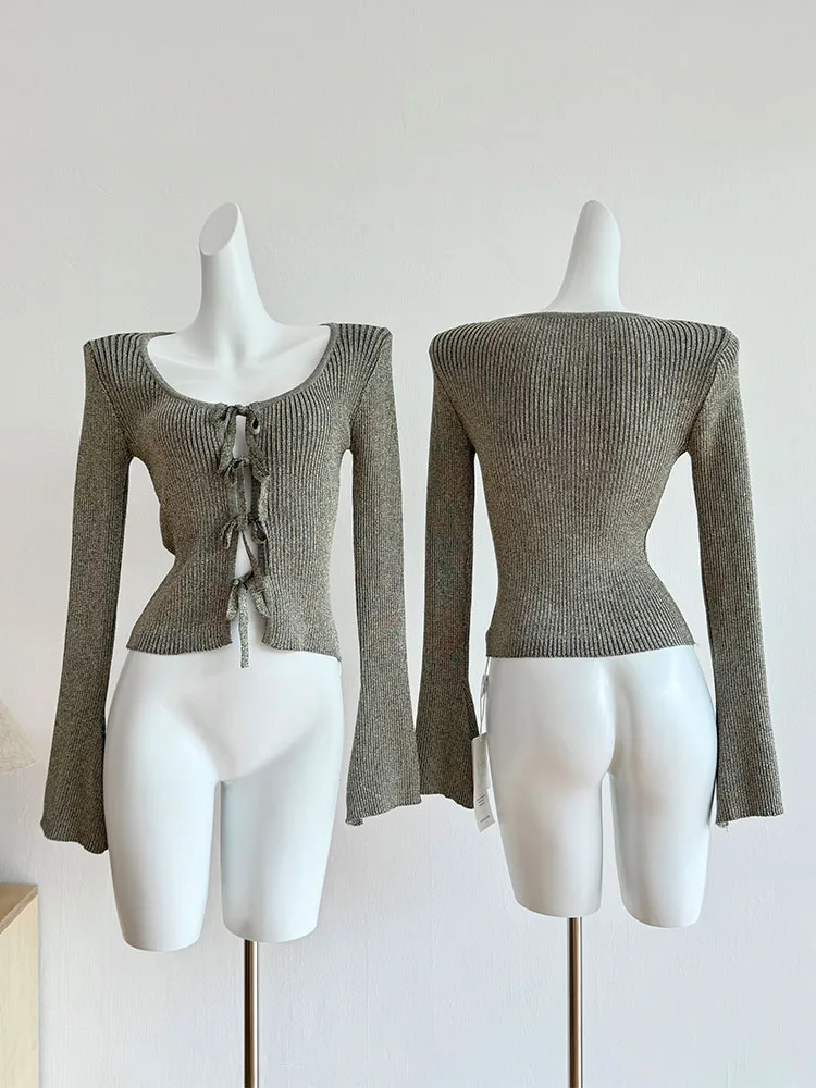 High Quality Grey O-Neck Slim Crop Tops Women Long Sleeve Bow Bandage Design Cardigan Autumn 2024 Fashion Sexy Knitted Sweater