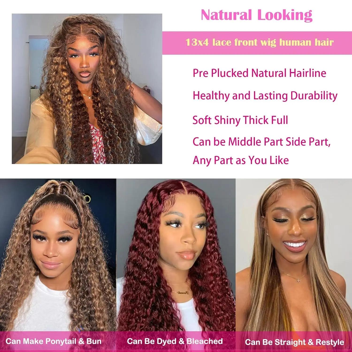 Perruque Lace Front Wig 4/27 naturelle, cheveux bouclés, reflets bruns, blond ombré, 13x4, 13x6, 100% cheveux humains