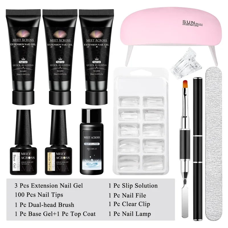 11個/セット エクステンションネイル ジェルキット ピンク クイックビルディング コンプリートツール クリスタルクリップ ブラシ フォームセット マニキュア ネイルエクステ用品