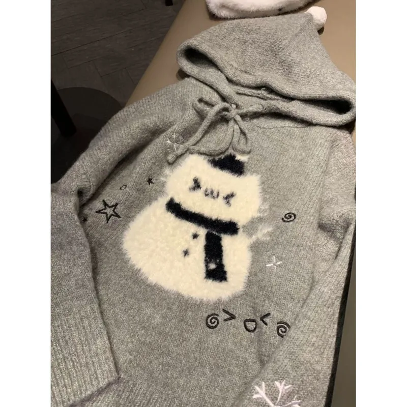 Adorable Cartoon Cat Hoodie Casual Snowman And Cat Pattern Hoodie Stylish Women Autumn Winter Warm Top Christmas Themed Sweater