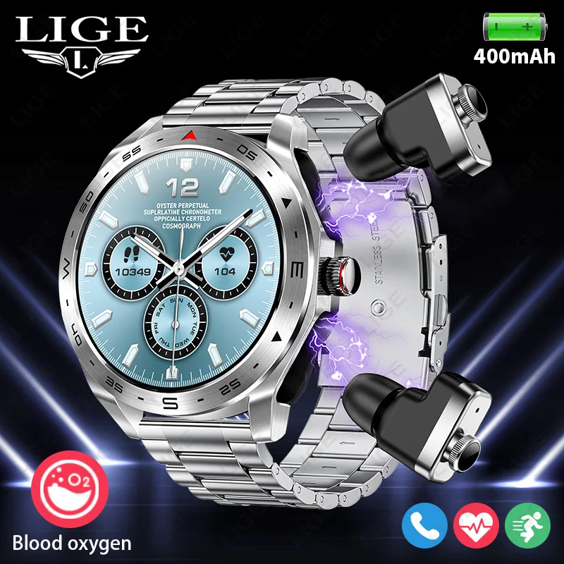 

LIGE 2-in-1 TWS Smart Watch Men Bluetooth Wireless Calling Music Control Blood Pressure Monitor Sport Smartwatch For Android IOS