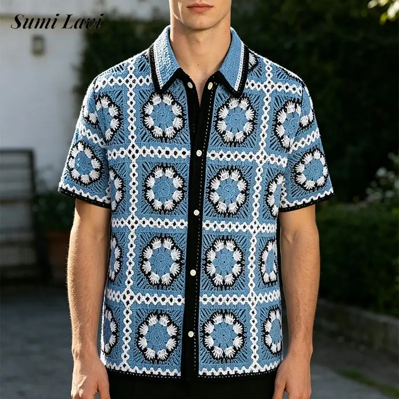 

Seaside Beach Casual Button Lapel Knit Shirt Men Vintage Hollow Out Short Sleeve Knitted Tops Mens Stylish Floral Knitting Shirt
