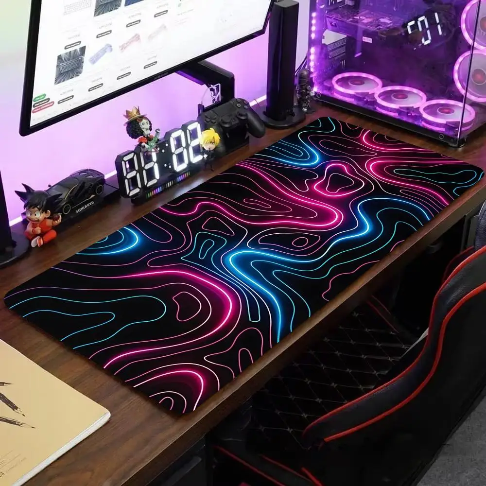 Blue Pink Glowing Lines Mouse Pad Large Computer Office Game Table Mat XXL Rubber Non-slip Stitched Keyboard Mats Long Desk Pads