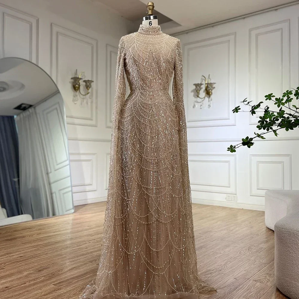 Serene Hill 2025 Muslim Nude Mermaid Cape Sleeves Luxury Evening Gown Pearls Beaded Dress for Women's Party Customize BLA72591