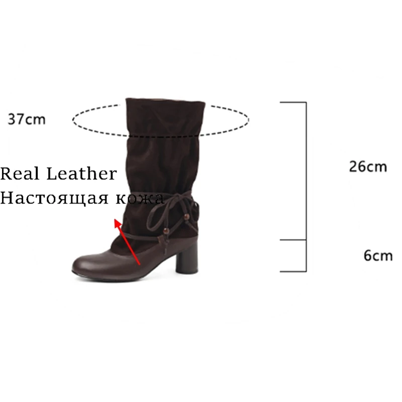 ANOVISHANA Women Genuine Leather Cool Women Midcalf Boots Adjustable Pointed Toe 6cm Round Heel Strap Fur Black Brown Size 42