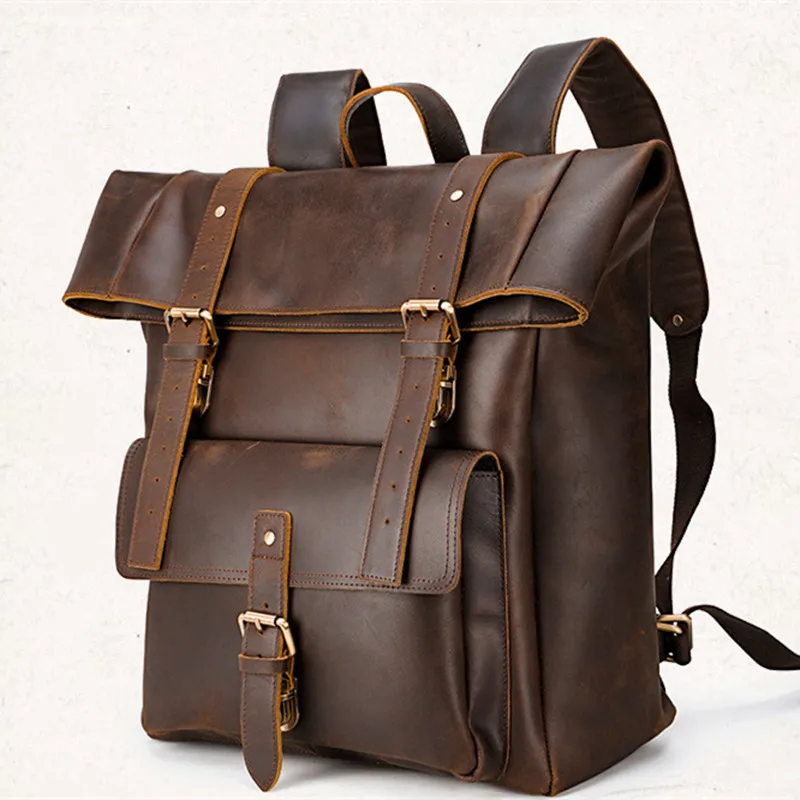 Retro Crazy Horse Leather Men Backpack Large Capacity 17-Inch Computer Bag Outdoor Laptop Travel Backpacks Cowhide School Bags