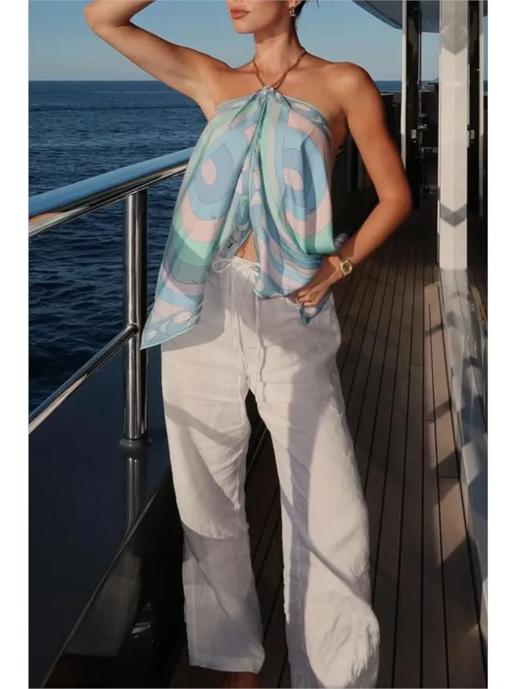 

New Retro Patchwork Print Fashion Chic Vest Women Summer Sleeveless Elegant Pullover Blouses Halter Sexy Backless Ladies Tops